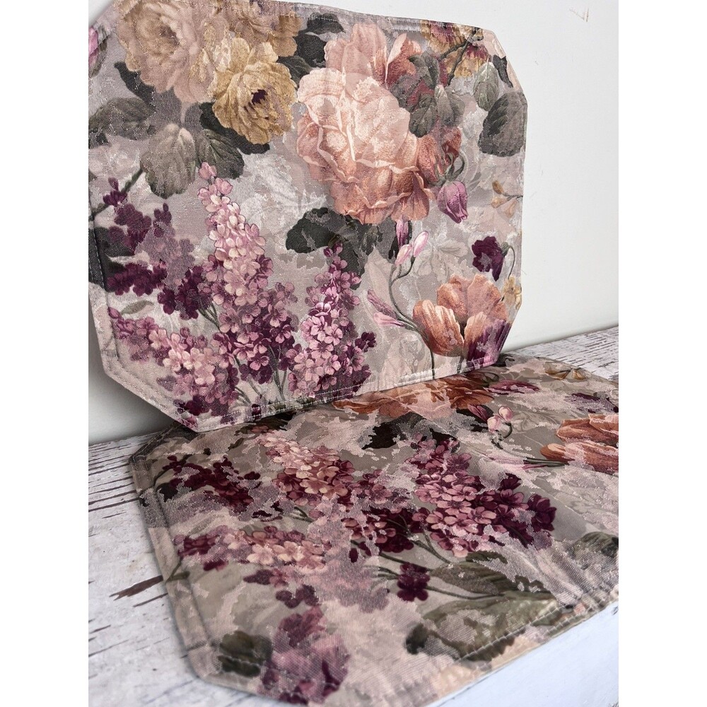 Vintage Quilted Fabric Floral Bouquet Roses Lilacs, Muted Foliage Placemats Set